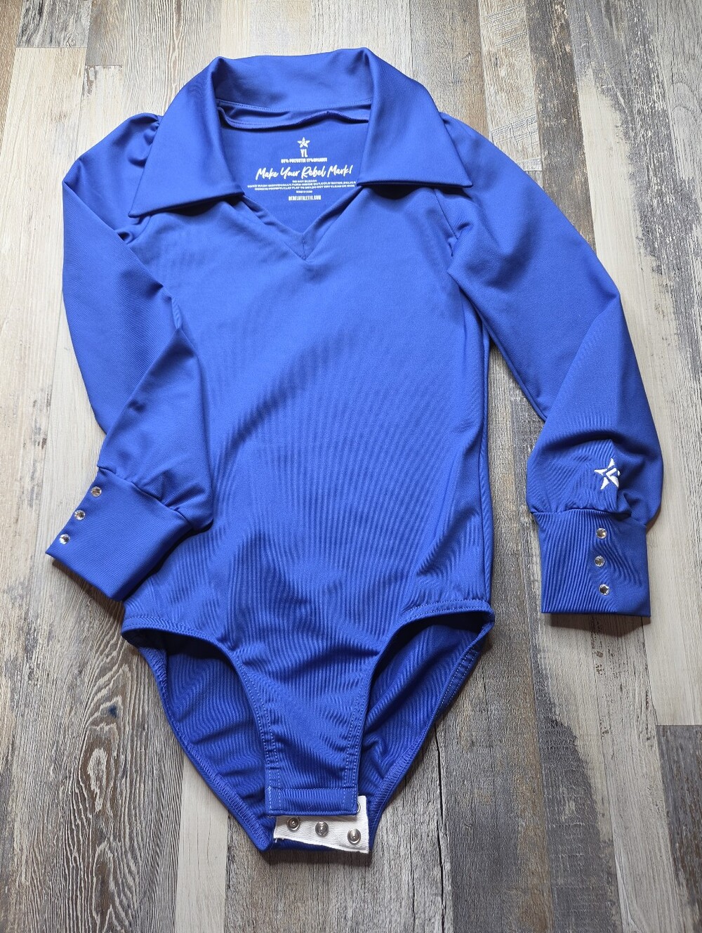 Rebel Athletic Youth Large Blue Collared Long Sleeve Body Suit Rhinestones